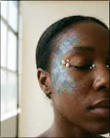 AI-generated reference for the Fantasy mermaid idea: blue, teal and purple scales on the cheekbone with pearls at the corner of the eye