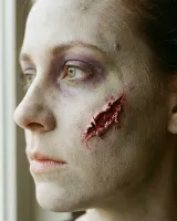 AI-generated reference for the Zombie transformation idea: a pale grey-green face with shadowed eyes and a faux wound on the cheek